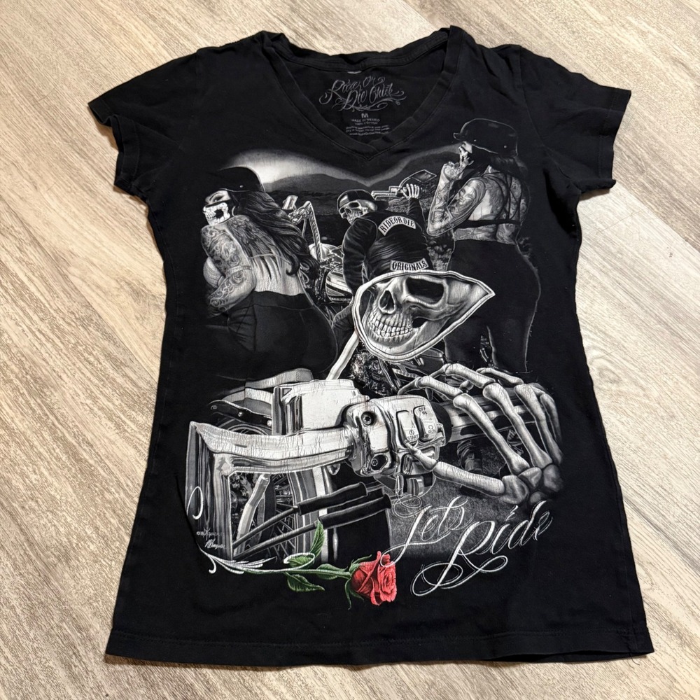 Ride Or Die Chick Womens Black V-Neck Biker Graphic T-Shirt Skeleton Rose Size M